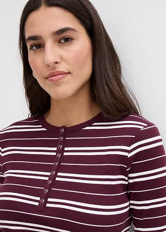 T-shirt manches longues en coton côtelé extensible • bordeaux uni + bordeaux-écru rayé • Boutique bonprix