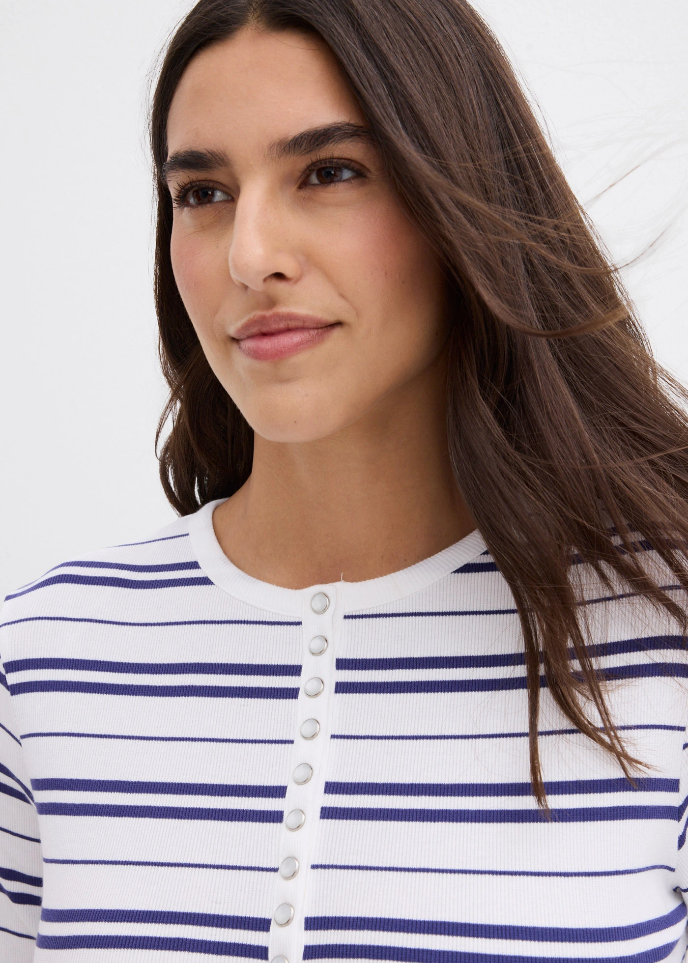 T-shirt manches longues en coton côtelé extensible • blanc uni + blanc-bleu violet rayé • Boutique bonprix