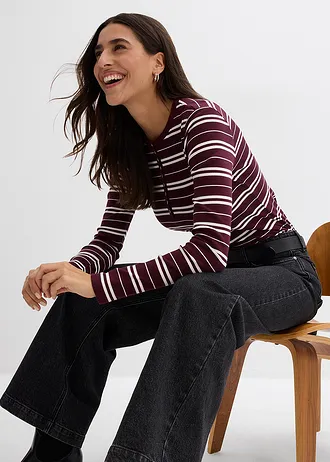 T-shirt manches longues en coton côtelé extensible • bordeaux uni + bordeaux-écru rayé • Boutique bonprix