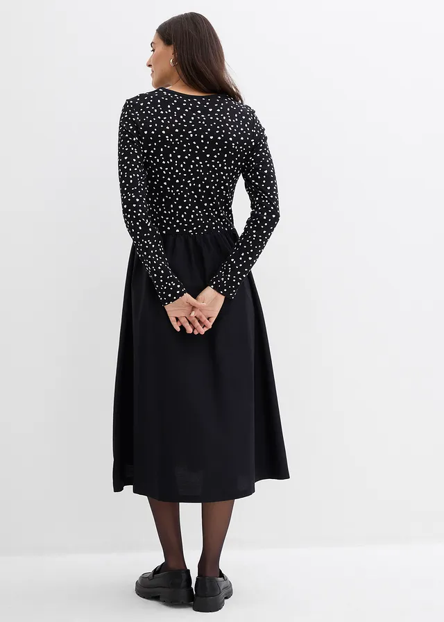 Rochie din mix de materiale din bumbac 100% • negru/ecru punctat • magazin bonprix
