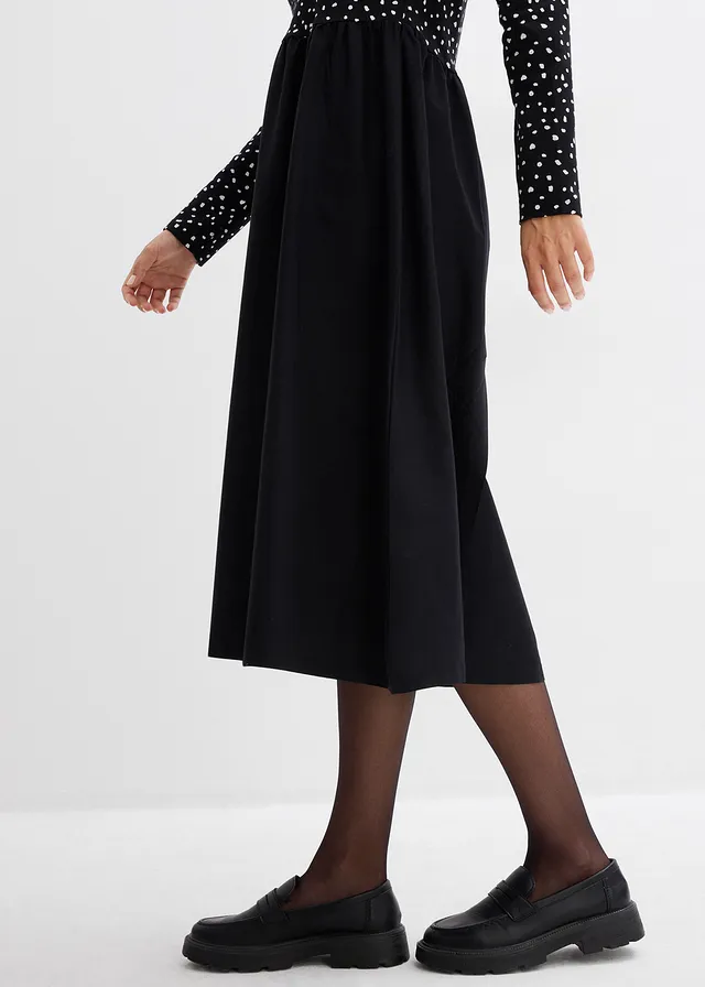 Rochie din mix de materiale din bumbac 100% • negru/ecru punctat • magazin bonprix