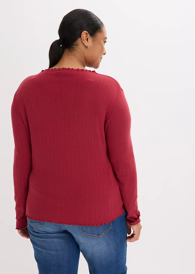 Accentuerend geribd shirt, Kleur: pruimrood