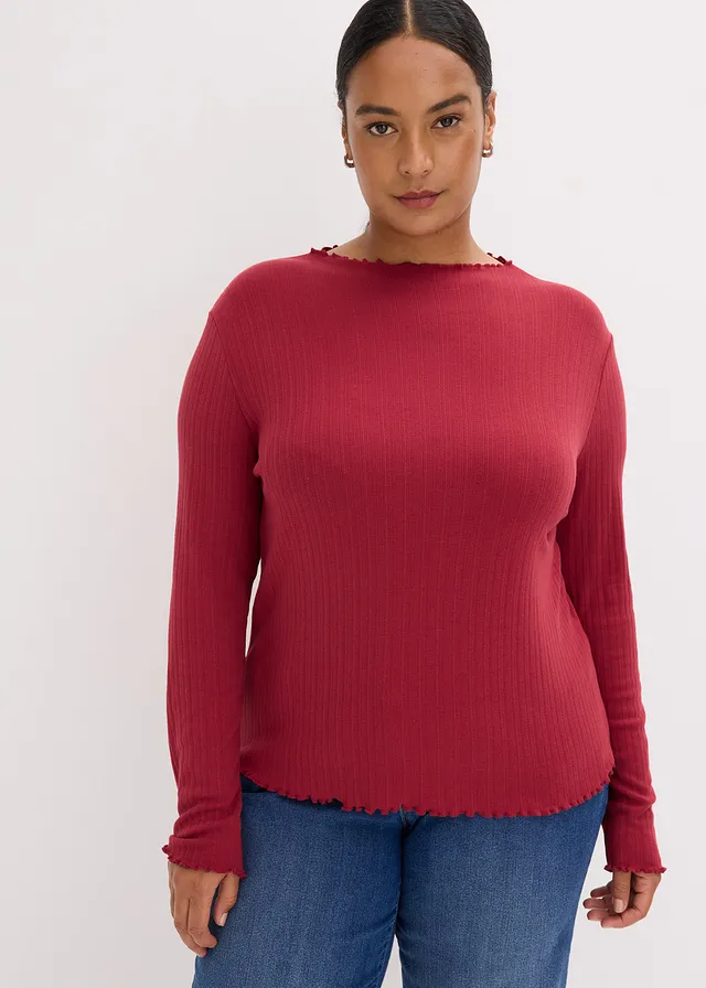 Accentuerend geribd shirt, Kleur: pruimrood