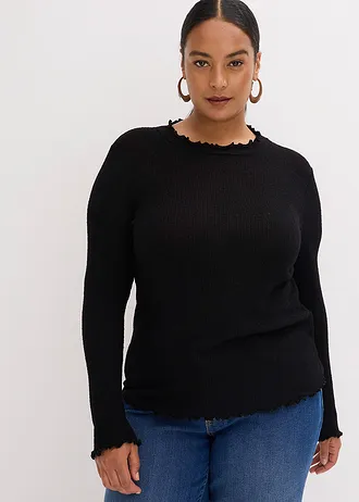 Žebrované tričko z viskózové směsi, barva: černá