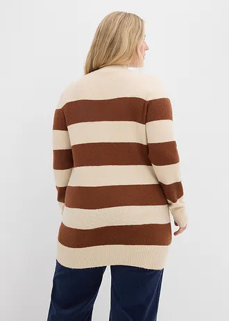 Dlouhý pletený svetr, barva: cihlově hnědo-světle písková s proužky