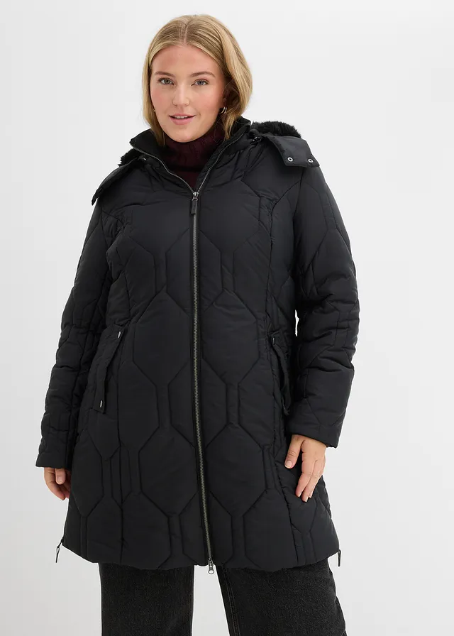Manteau court avec surpiqûres diamant et zips latéraux, Couleur: noir