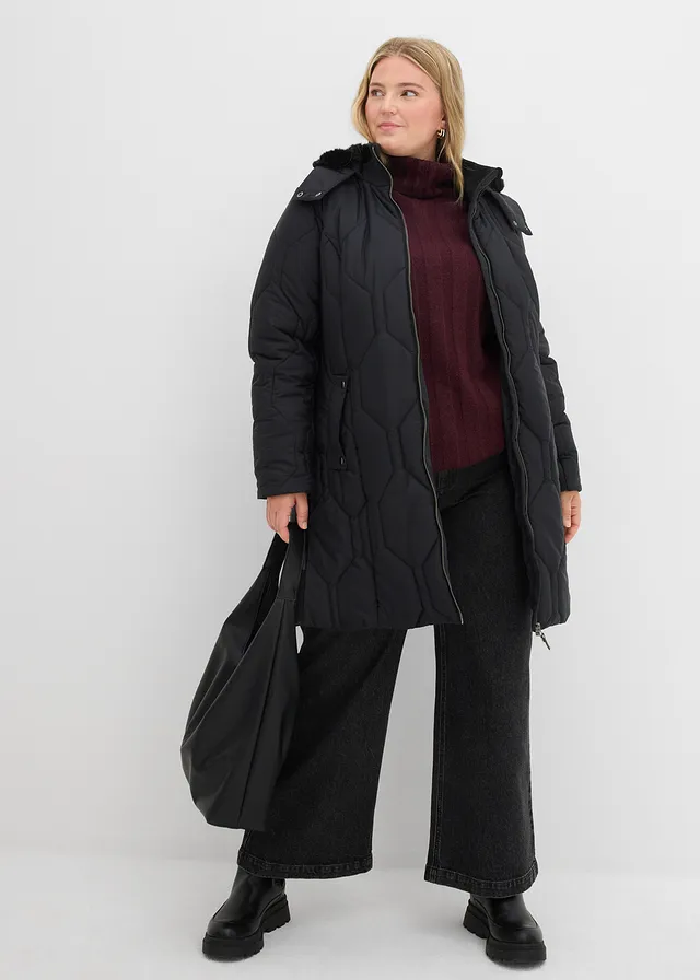 Manteau court avec surpiqûres diamant et zips latéraux, Couleur: noir