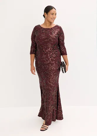 Pailletten jurk met een bijzonder rugdetail, Kleur: wijnrood-beige