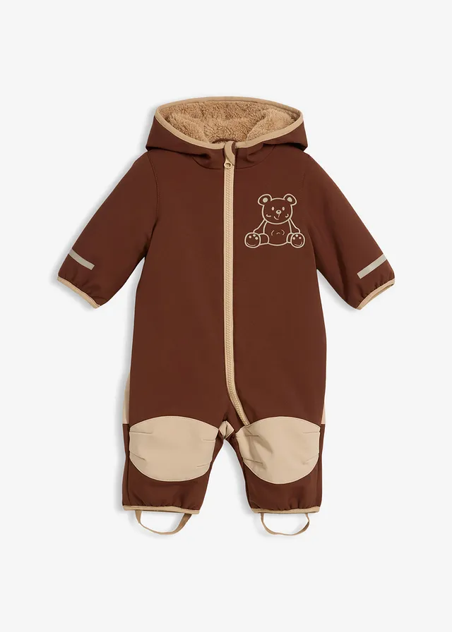 Baby softshell overall met teddyfleece en capuchon, Kleur: donkerbruin-saharabeige