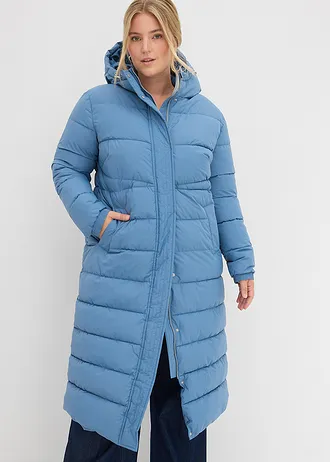 Lange, gewatteerde jas met capuchon, Kleur: golfblauw