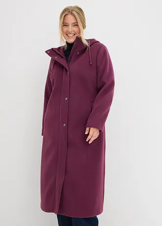 Lange jas in wollen look, maxilengte, Kleur: aubergine