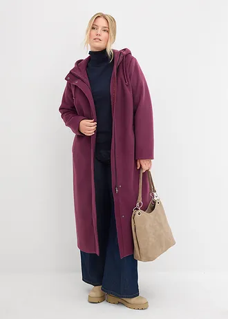 Lange jas in wollen look, maxilengte, Kleur: aubergine