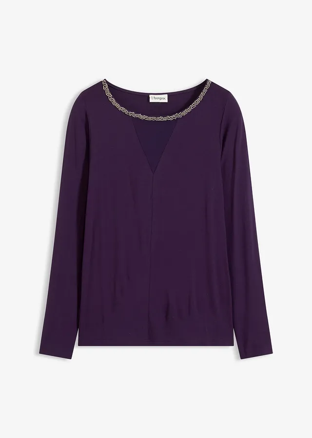 Tričko se síťovanou vsadkou a třpytivými kamínky • tmavě fialová • bonprix obchod