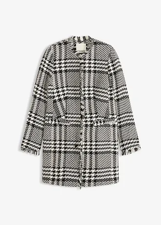 Lange blazer van bouclé, Kleur: zwart-wolwit geruit