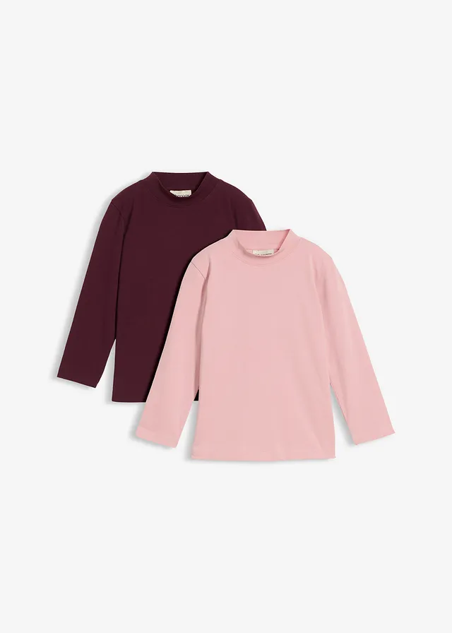 Longsleeve van elastisch biologisch katoenmix (set van 2), Kleur: asroze+wijnrood