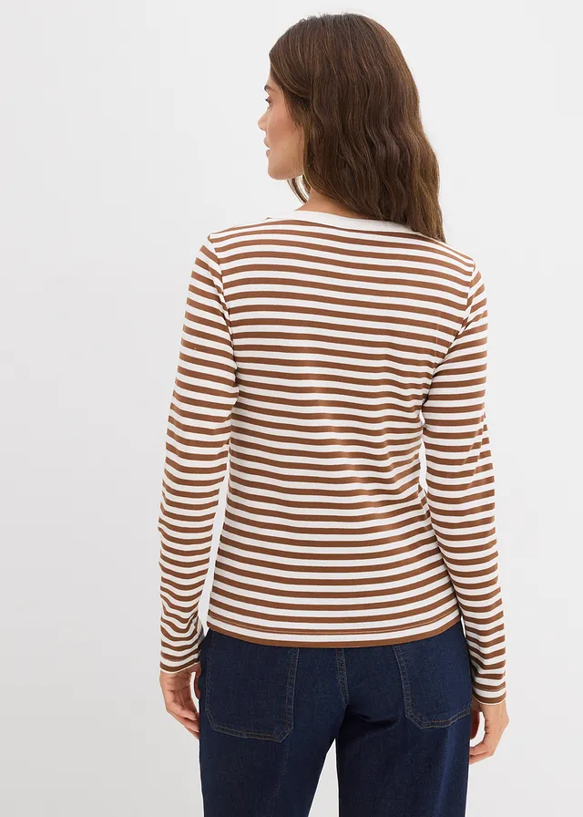 T-shirt manches longues 100% coton, Couleur: marron-blanc rayé