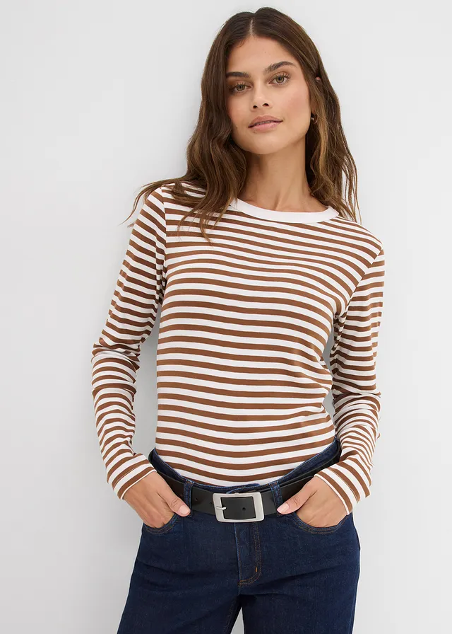 T-shirt manches longues 100% coton, Couleur: marron-blanc rayé