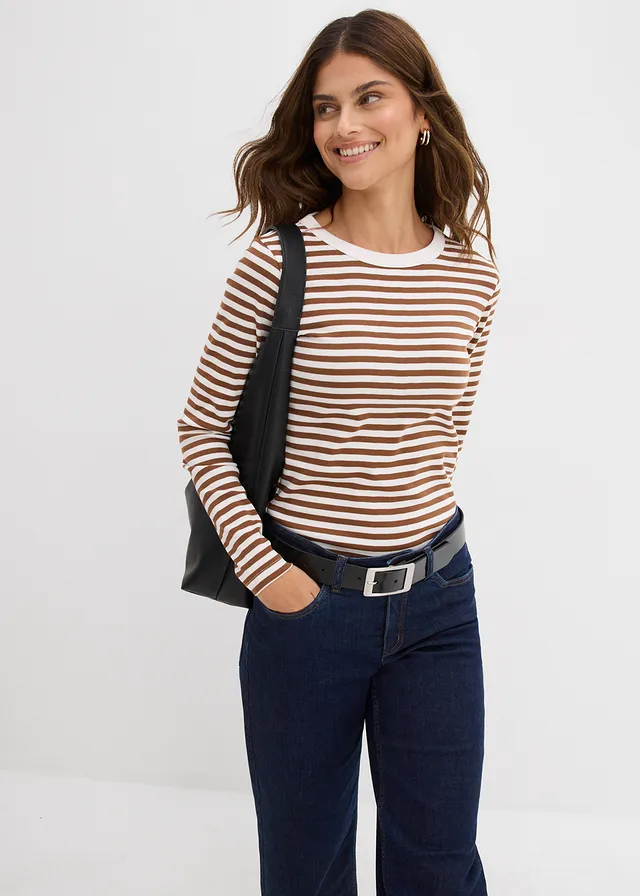 T-shirt manches longues 100% coton • marron-blanc rayé • product-page.page-title-suffix
