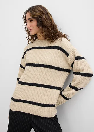 Sweter oversize z domieszką wełny • jasny piaskowy-czarny w poziome pasy • sklep bonprix