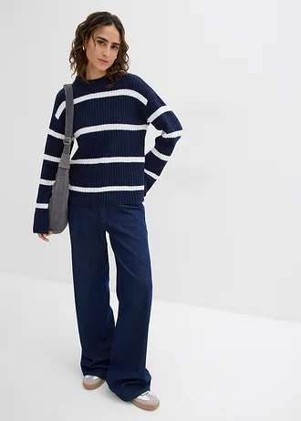 Sweter w paski • granatowy-biel wełny w poziome pasy • sklep bonprix