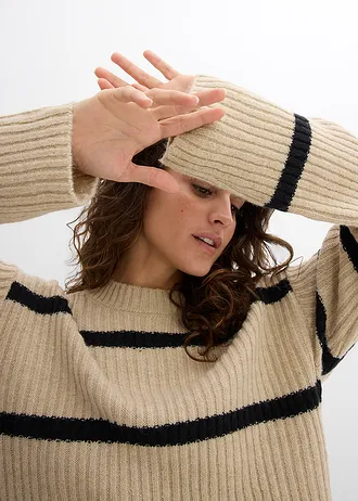 Sweter w paski • jasny piaskowy-czarny w poziome pasy • sklep bonprix