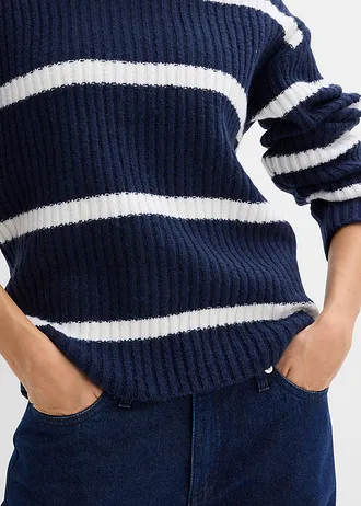 Sweter w paski • granatowy-biel wełny w poziome pasy • sklep bonprix