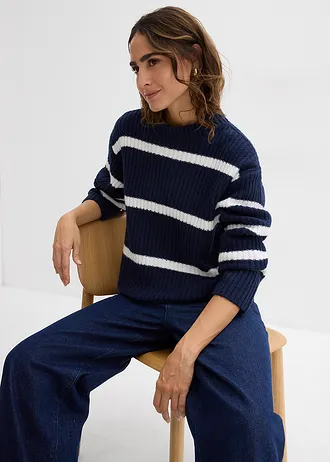 Sweter w paski • granatowy-biel wełny w poziome pasy • sklep bonprix