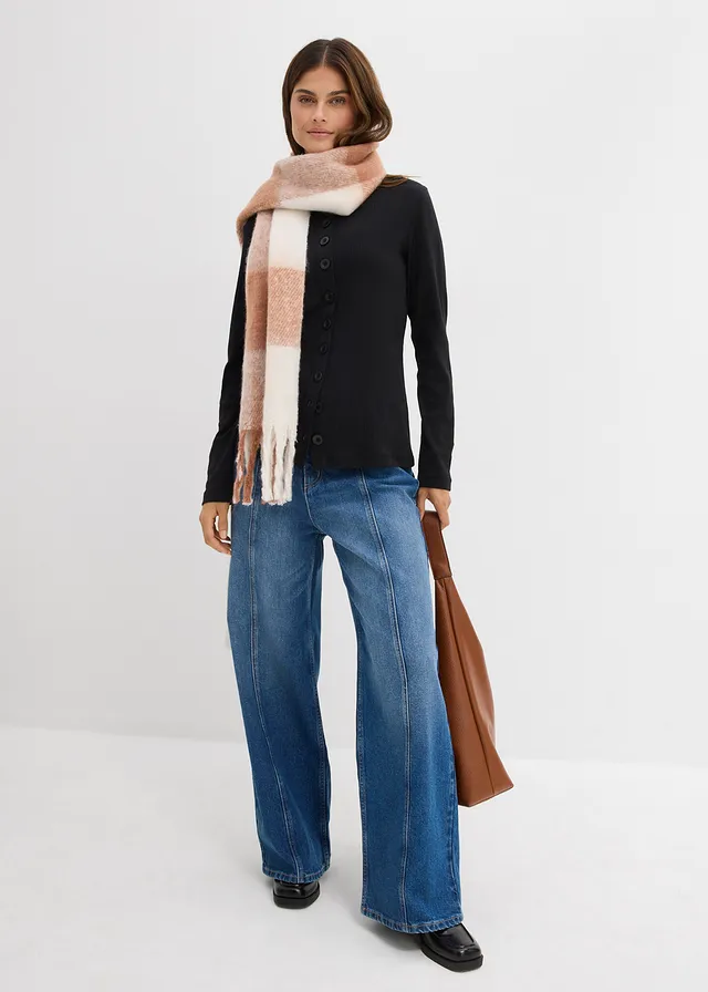 Bluză cu mâneci lungi 100% din bumbac, ripsat albastru denim uzat