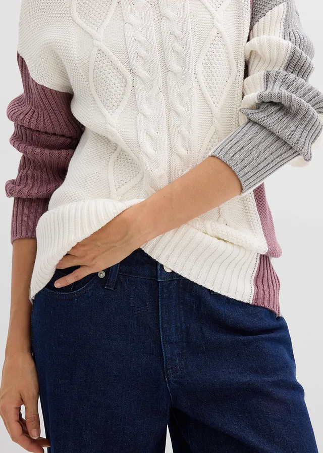 Sweter z golfem • biel wełny/cienisty szary/matowy fioletowy • sklep bonprix
