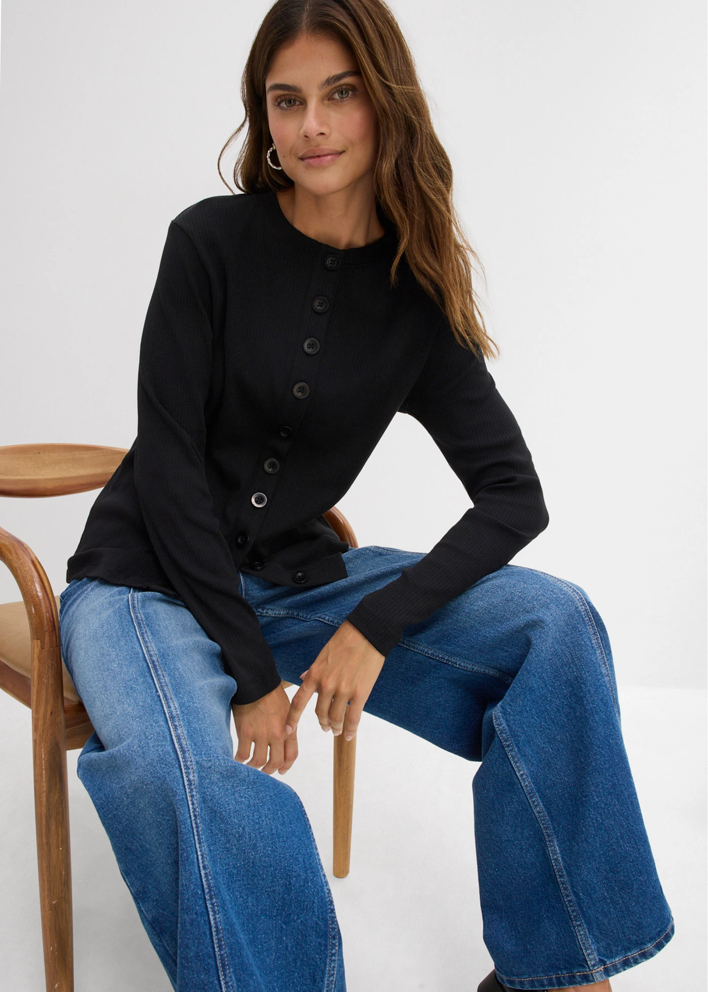 Geribde longsleeve van katoen • zwart • bonprix online shop