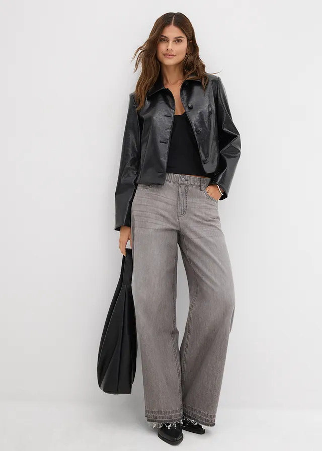 Wide leg jeans mid waist, comfort tailleband, Kleur: lichtgrijs denim used