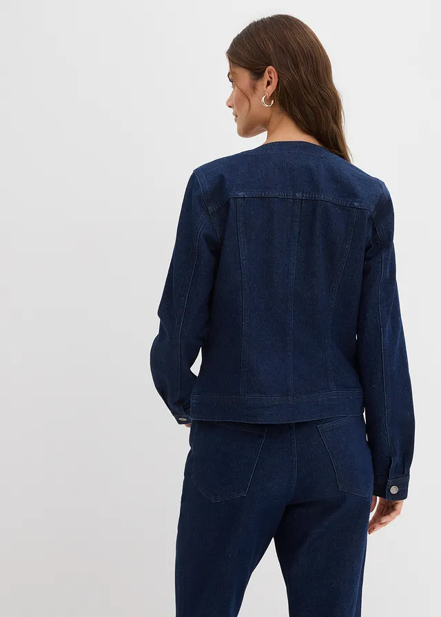 Veste en jean à strass, Couleur: bleu foncé denim brut