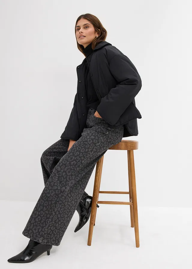 Wide leg jeans, mid waist • donkergrijs denim luipaardprint • product-page.page-title-suffix