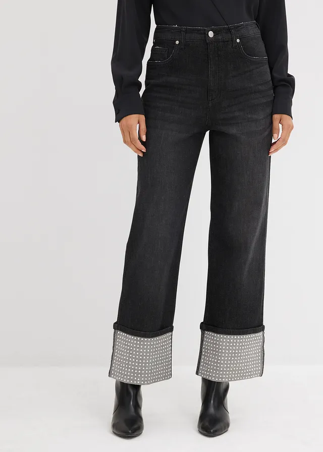 Jean droit à revers, taille haute • noir denim used • product-page.page-title-suffix