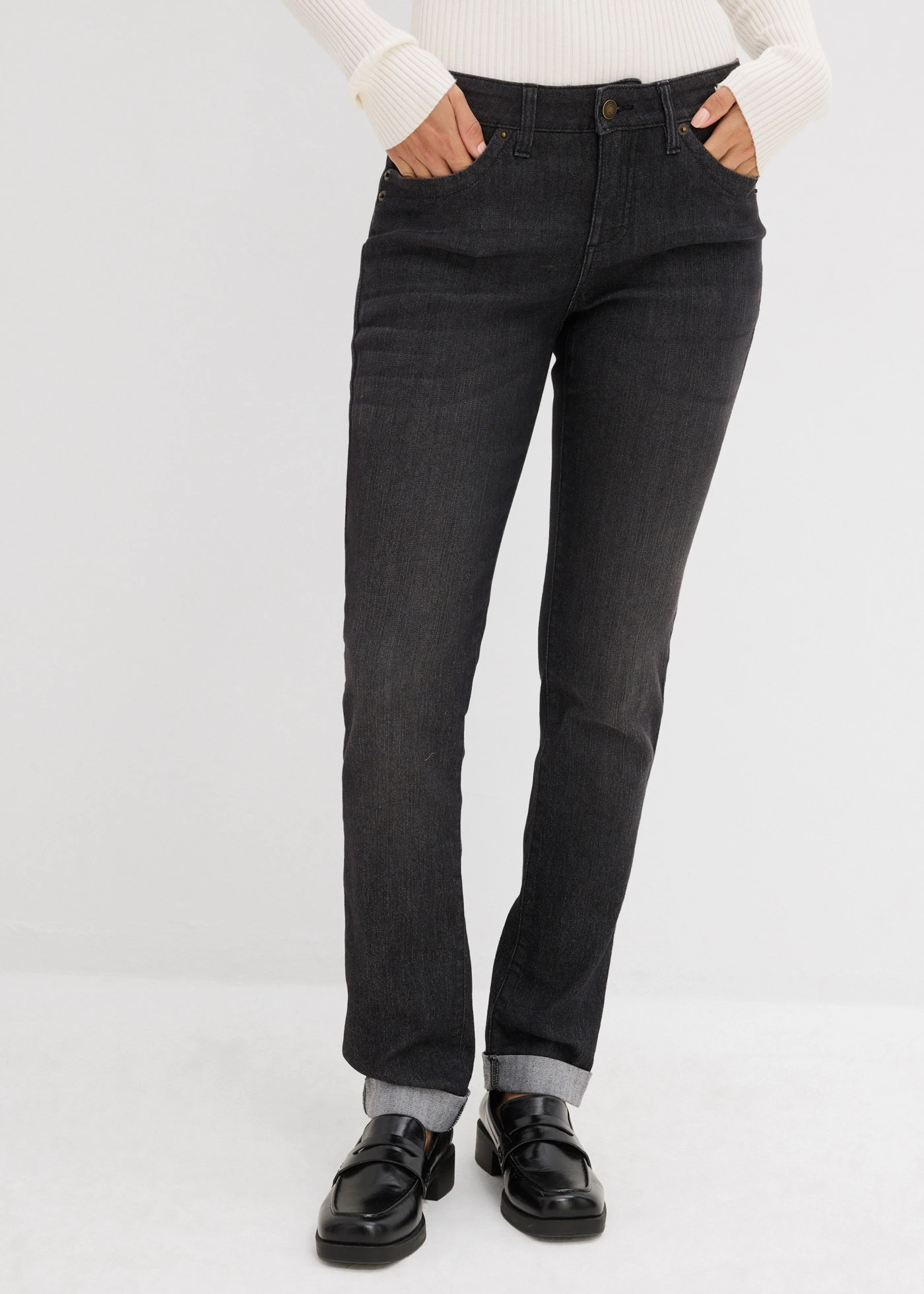Stretch jeans high waist, straight • zwart denim • bonprix online shop