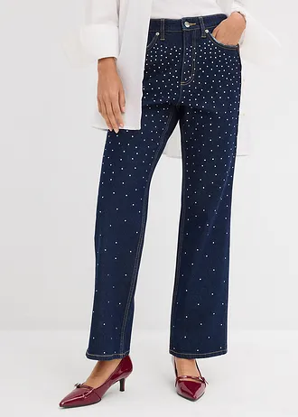 Straight jeans met strass, mid waist, Kleur: donkerblauw denim