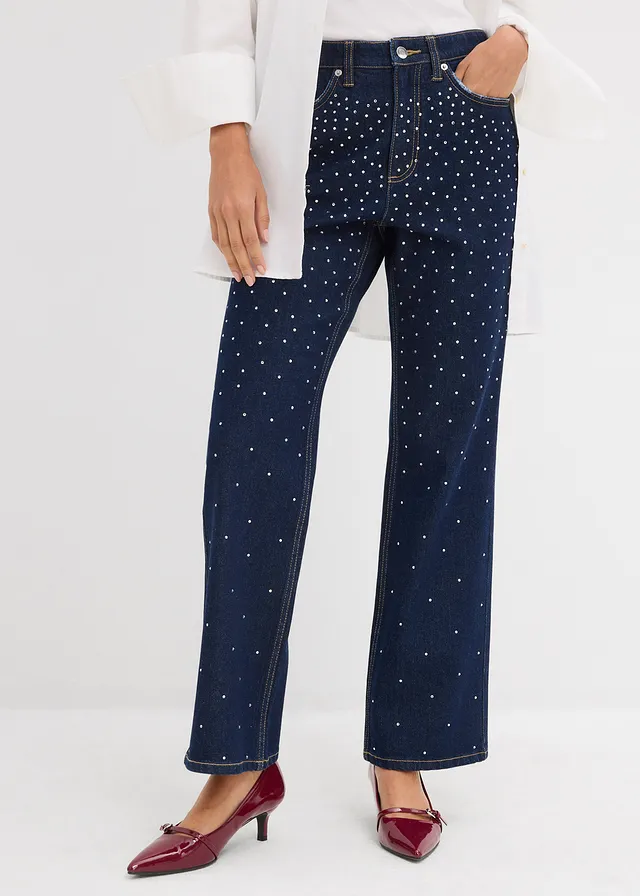 Jeansy straight, mid waist, zdobione kryształkami, kolor: 