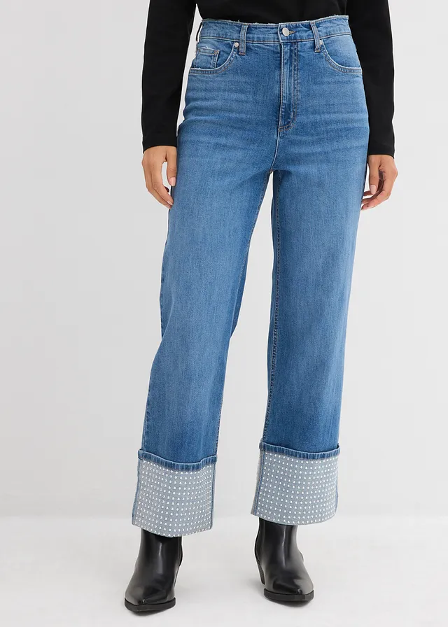 Straight jeans high waist met turn up, Kleur: middelblauw denim used