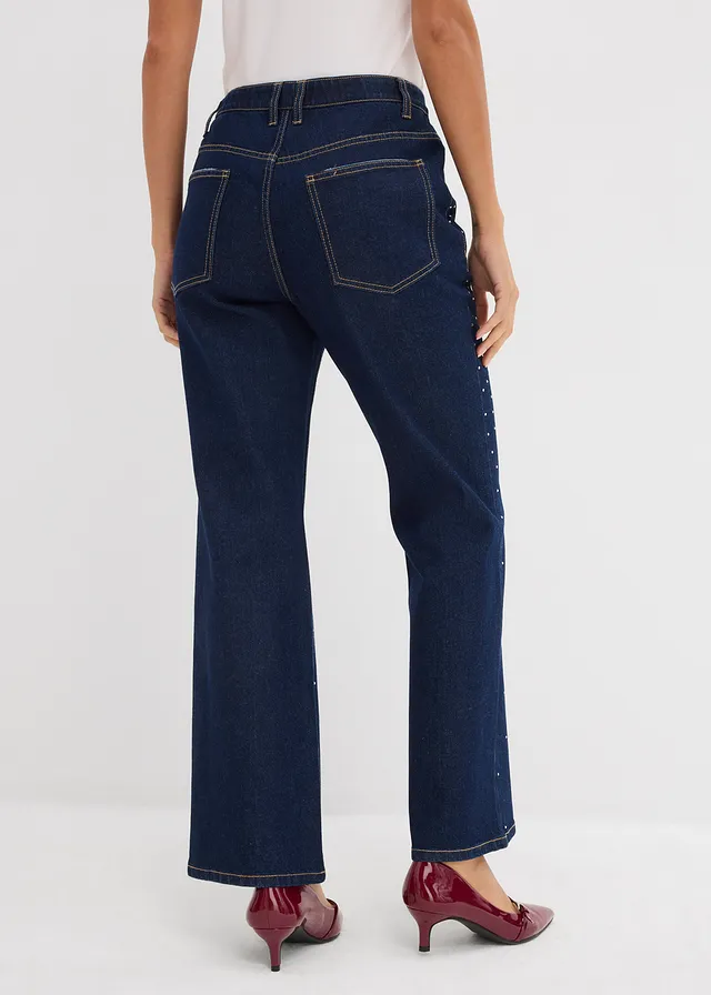 Blugi drepți Mid Waist cu ștrasuri, culoare: albastru profund denim neprespălat metalic