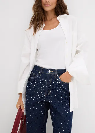 Jeansy straight, mid waist, zdobione kryształkami • granatowy denim unwashed metallic • sklep bonprix