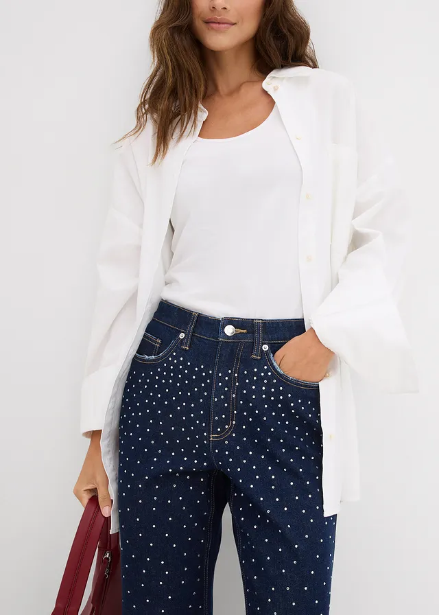 Straight jeans met strass, mid waist • diepblauw denim ongewassen metallic • product-page.page-title-suffix