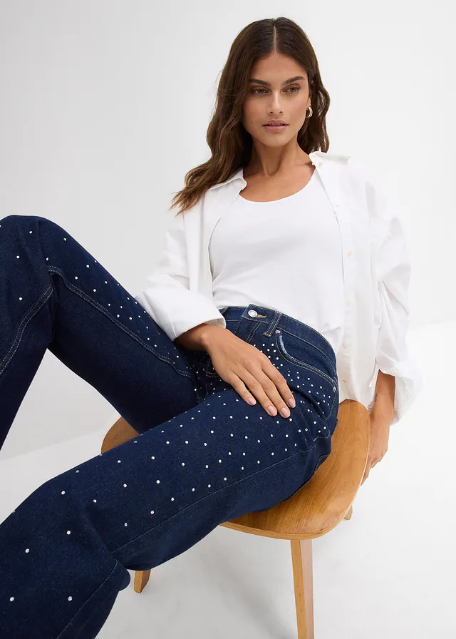 Jeansy straight, mid waist, zdobione kryształkami • granatowy denim unwashed metallic • sklep bonprix