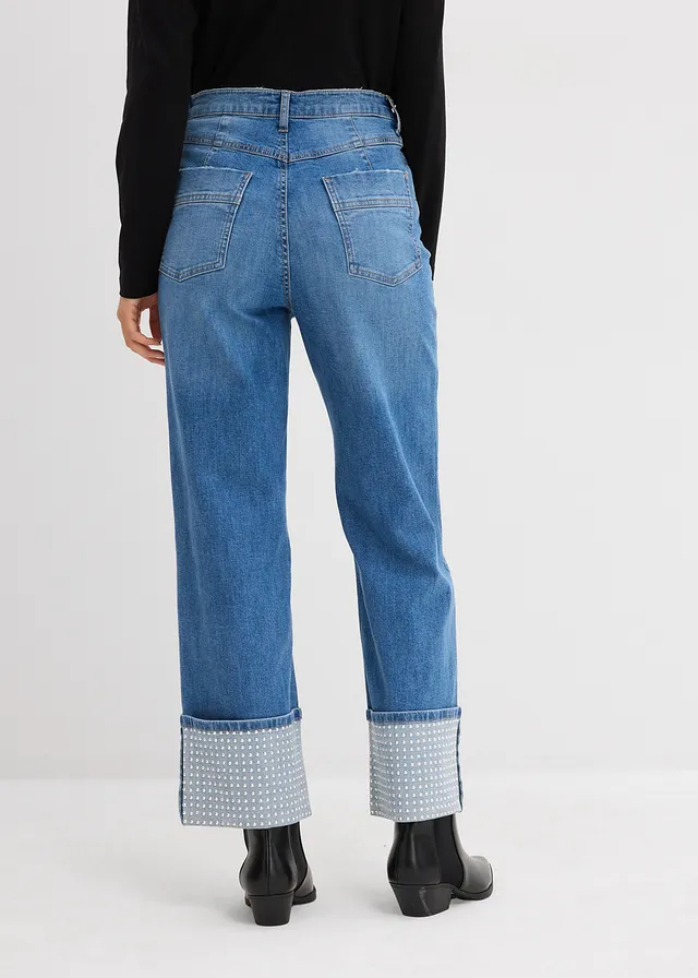 Straight jeans high waist met turn up, Kleur: middelblauw denim used