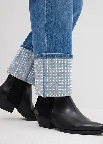 Straight farmer, High Waist, felhajtható szárral • középkék denim, használt hatású • bonprix áruház