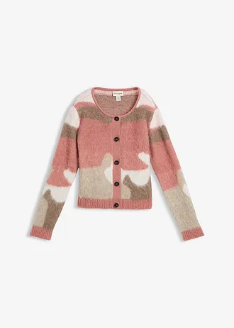 Vzorovaný pletený kabátek s knoflíkovou lištou, barva: růžová s grafickým vzorem
