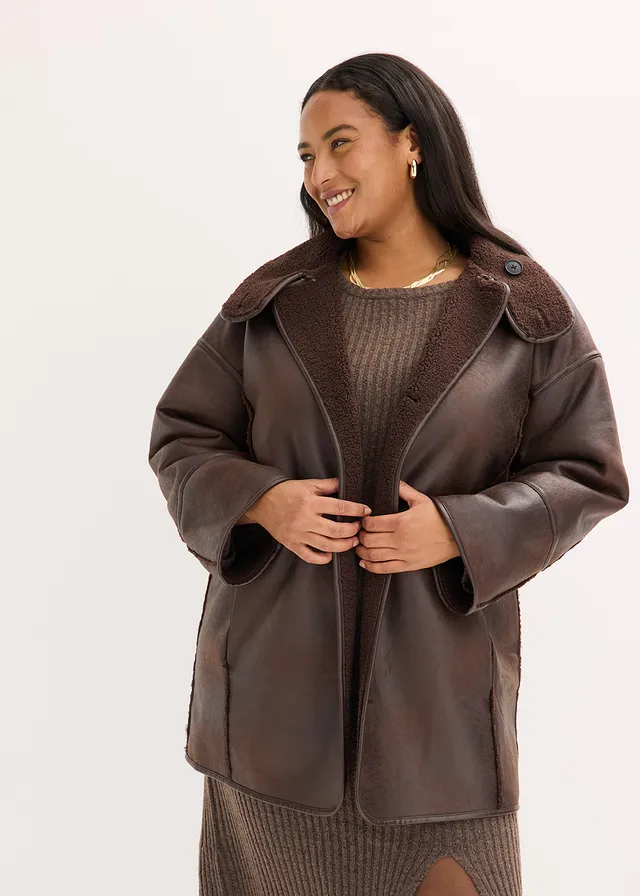 Veste en sherpa, Couleur: marron foncé