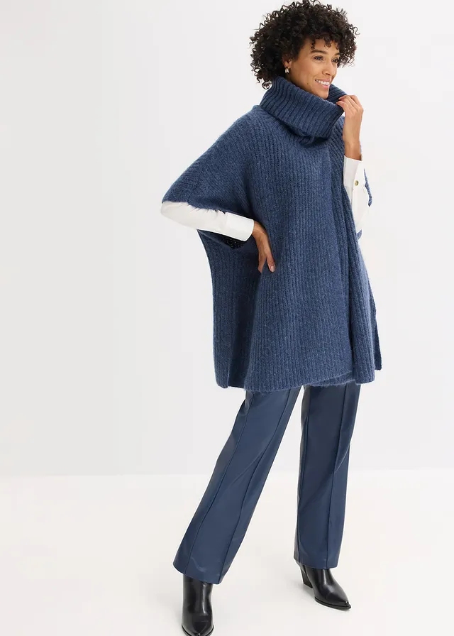 Pull poncho en laine mélangée, Couleur: indigo