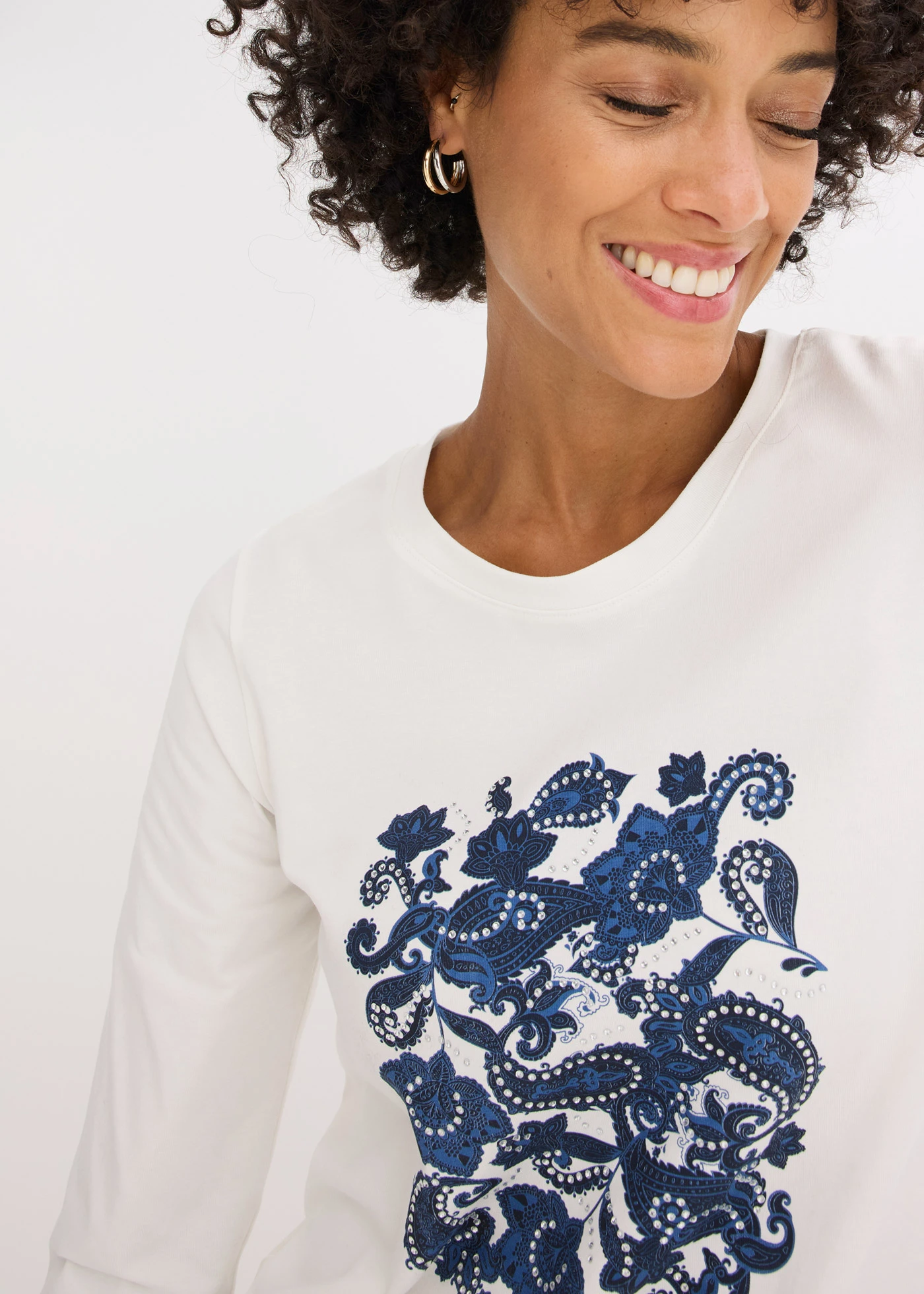 Tričko s dlhým rukávom s potlačou, z bio bavlny • biela vlna/svetloindigová/tmavomodrá   potlačená • obchod bonprix