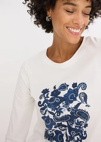 Bluzka z długim rękawem i ładnym nadrukiem, z bawełny organicznej • biel wełny-jasny indygo-granatowy z nadrukiem • sklep bonprix