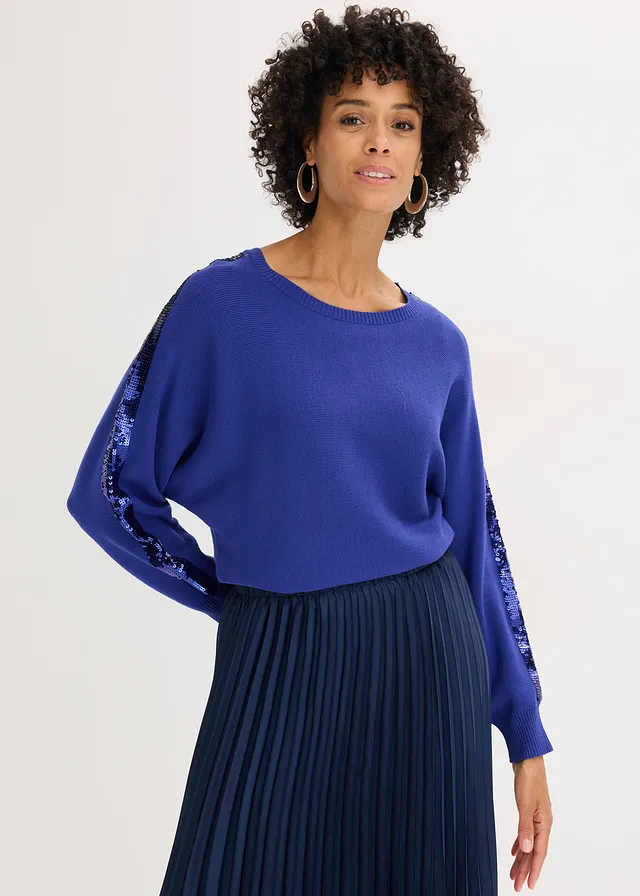Pull en fine maille à sequins, Couleur: bleu saphir